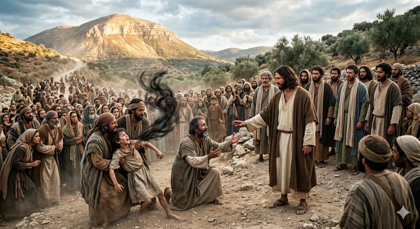 Jesus und die Volksmenge nach dem Abstieg von Berg Tabor. Der Vater wendet sich mit seinem besessenen Sohn an Jesus und bittet um Hilfe.