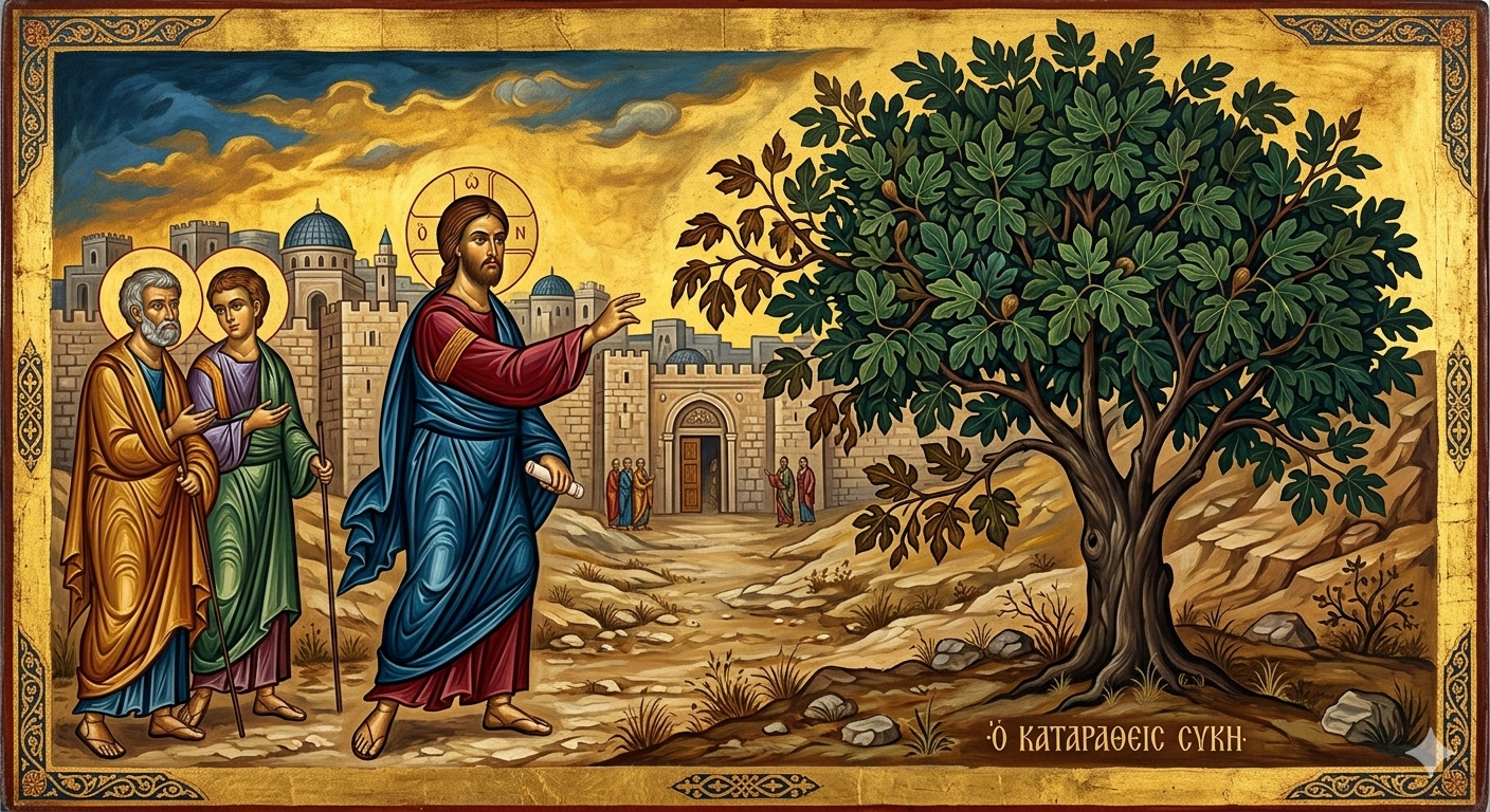 Jesus mit zwei Jüngern am grünen Feigenbaum.