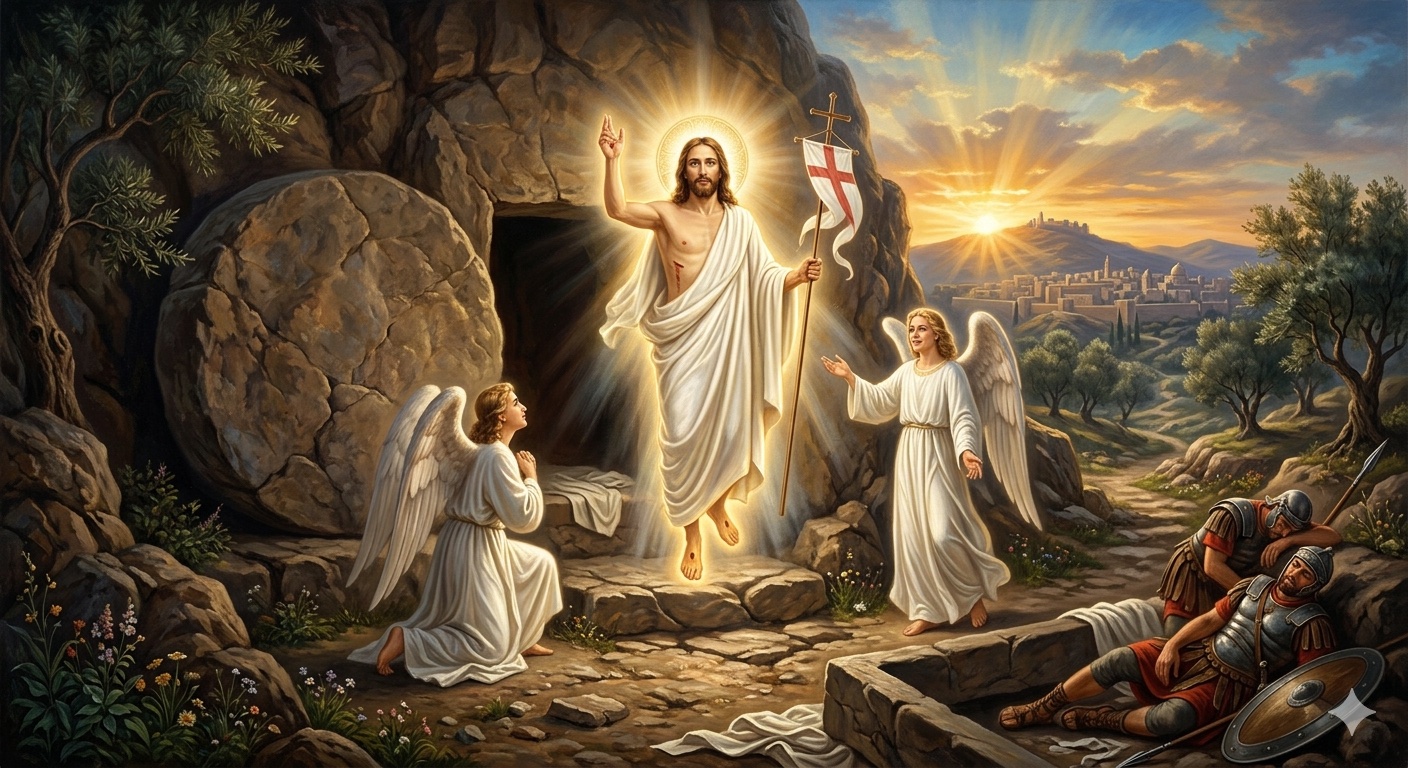 Der Auferstandene tritt aus dem Grab, Engel verehren ihn. Die römischen Wachen sind vor Schreck ohnmächtig geworden.